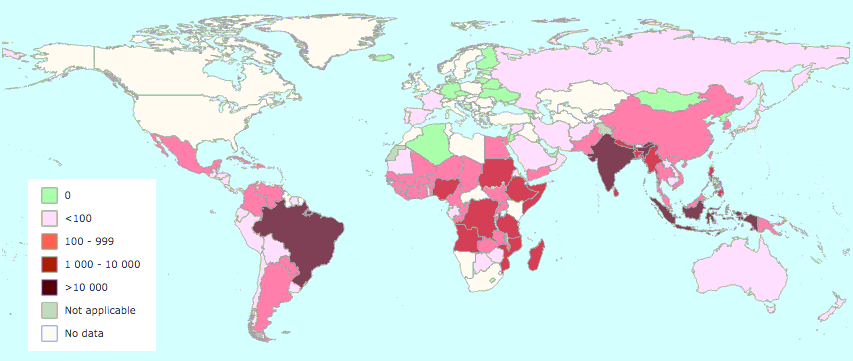 Casos de lepra en tratamiento por países. Fuente: Organización Mundial de la Salud, 2018.