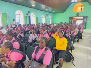 Secondary school students attending a substance use and addiction prevention session in Monrovia.