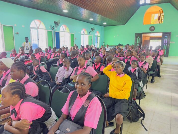 Secondary school students attending a substance use and addiction prevention session in Monrovia.